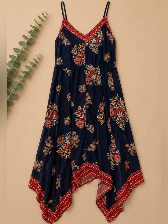 Love Ryan Dresses & Skirts - Love Ryan Los Angeles Boho Handkerchief Hem Midi Dress Navy Floral Small